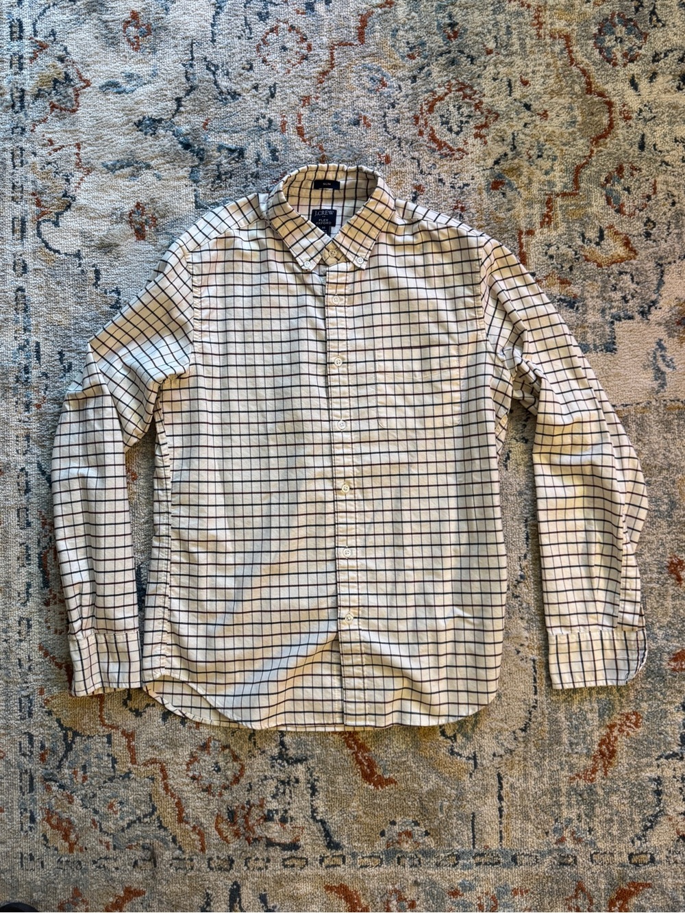 J. Crew Men’s Slim Fit White Button-Down Shirt with Navy & Maroon Grid